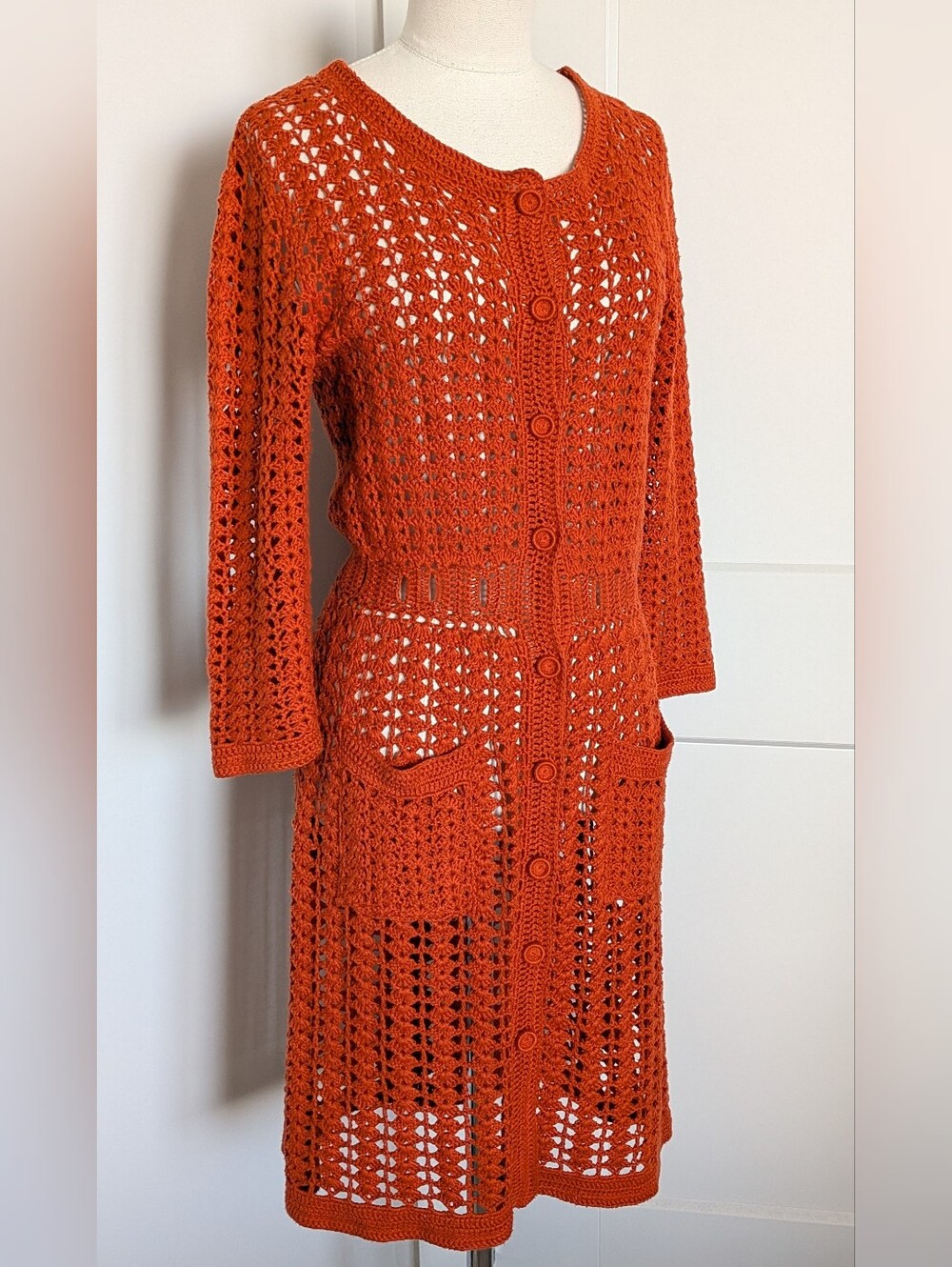 Susana Monaco Linen Cotton Crochet Dress Cardigan Duster Rust L (No Belt)